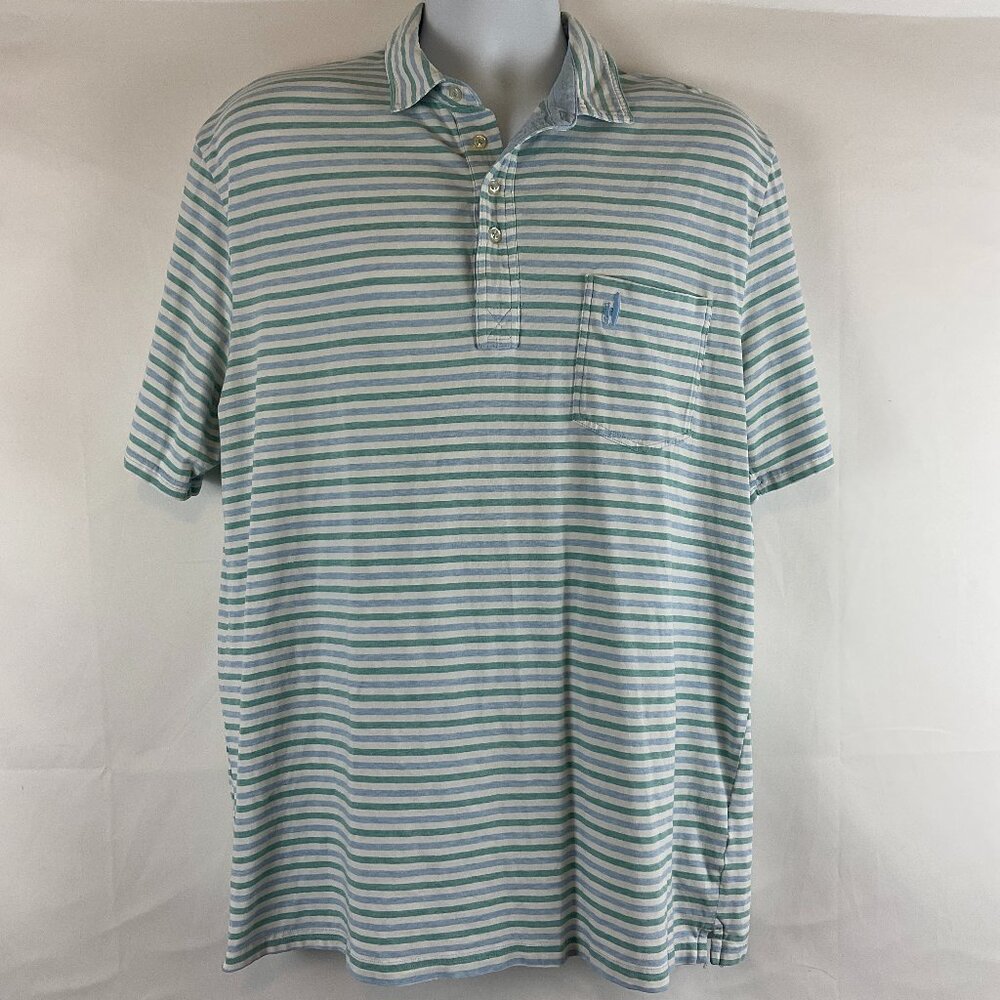 Johnnie-O Polo Shirt Men's XL White Blue Green Stripe Short Sleeve Pocket
